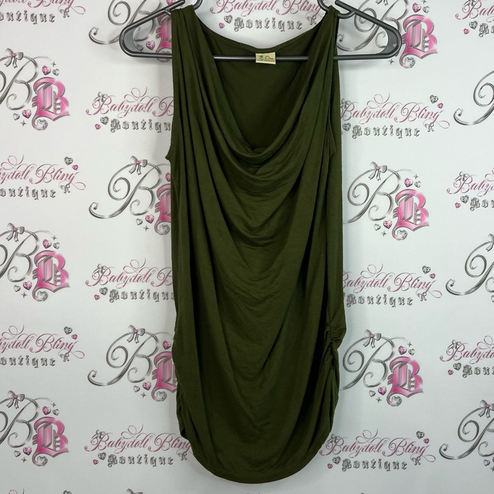 Om Grown Tank Top Swoop Neck Olive Green Draped Sleeveless Top